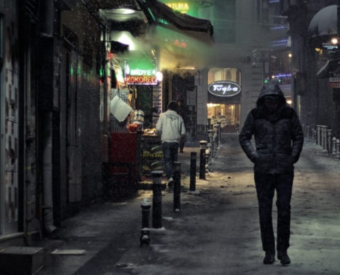 A man walking alone at night
