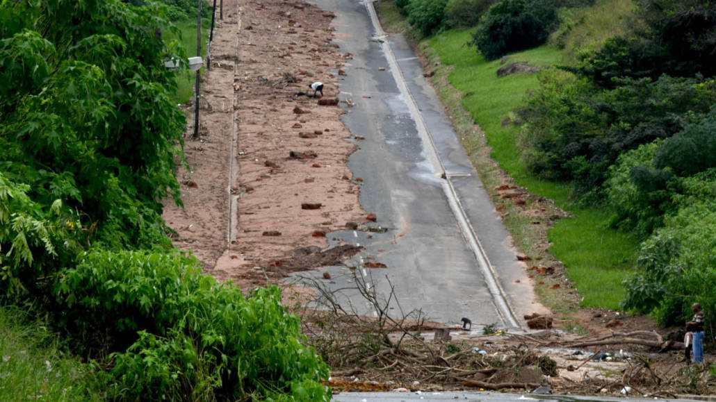 Damage to a flooded road in KwaZulu-Natal