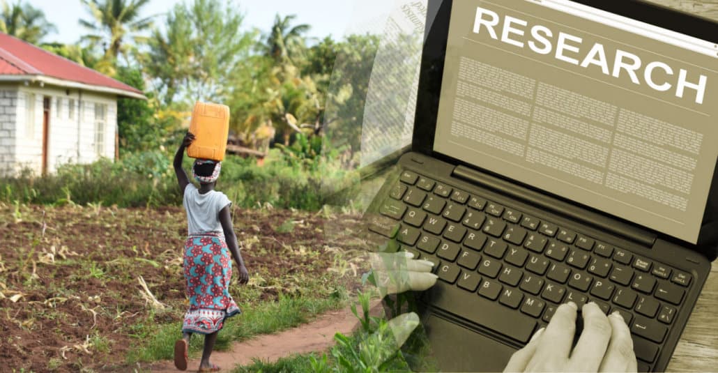 Split photo of a research laptop and a woman on the land