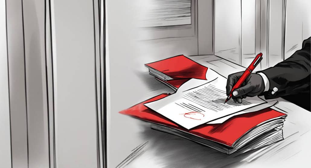 Illustration of a hand holding a pen and signing a contract