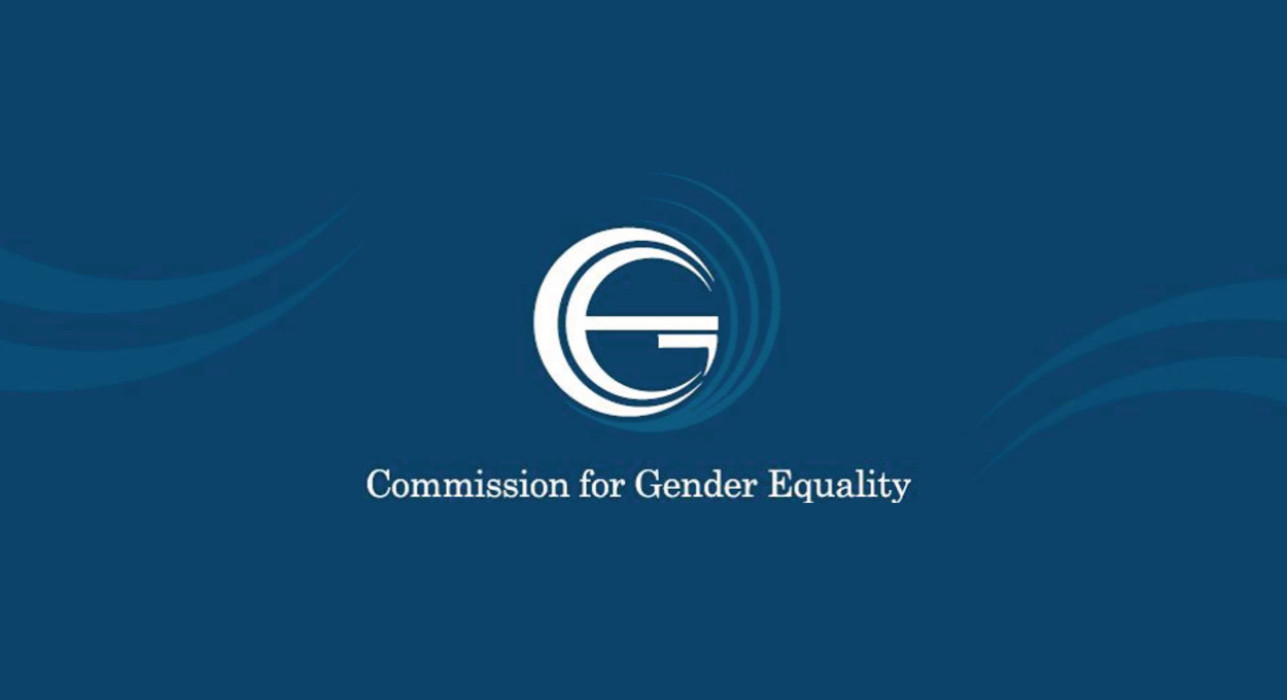 The logo of the Commission for Gender Equality, on a blue background