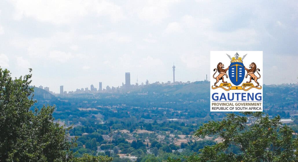 A photo of the Johannesburg skyline, with the Gauteng logo superimposed
