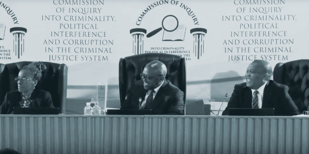 The three commissioners of the Madlanga commission of inquiry - Mbuyiseli Madlanga, Sandile Khumalo, and Sesi Baloyi.