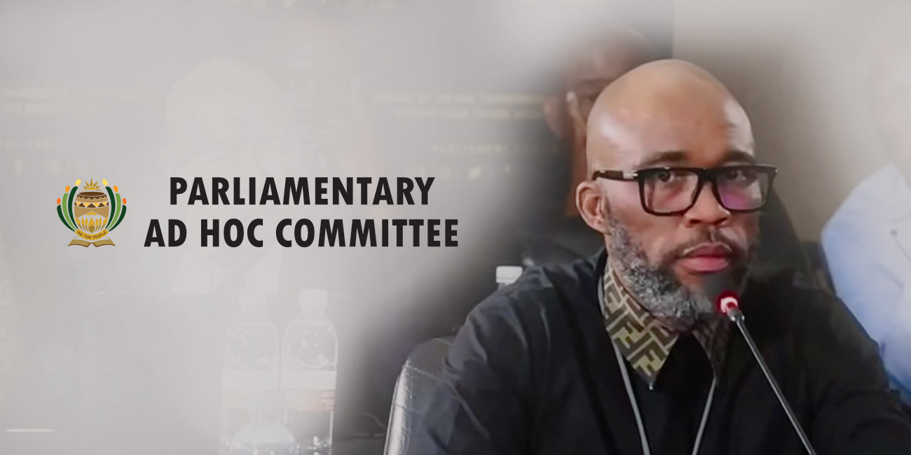 A screenshot of Vusimusi “Cat” Matlala appearing before the Ad Hoc Committee investigating police corruption.