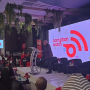 A photo of former Corruption Watch executive director David Lewis speaking to the audience at the launch of the organisation's latest campaign.