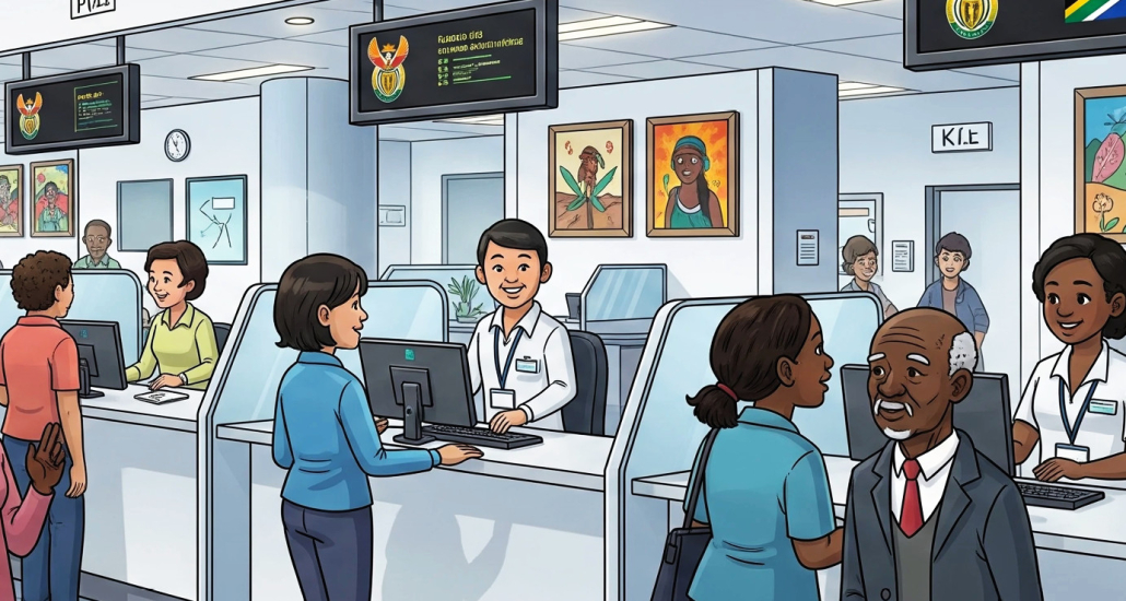 An illustration of public servants at counters in a government branch, helping the public.