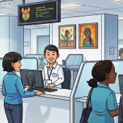 An illustration of public servants at counters in a government branch, helping the public.