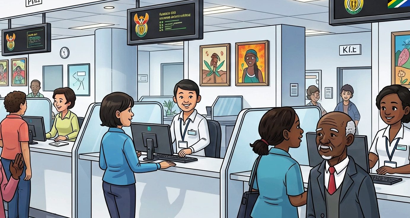 An illustration of public servants at counters in a government branch, helping the public.
